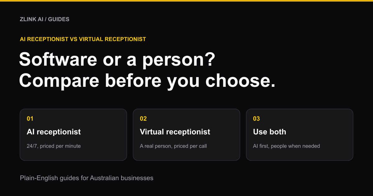 AI receptionist vs virtual receptionist: answered by software 24/7, or by a person during set hours.